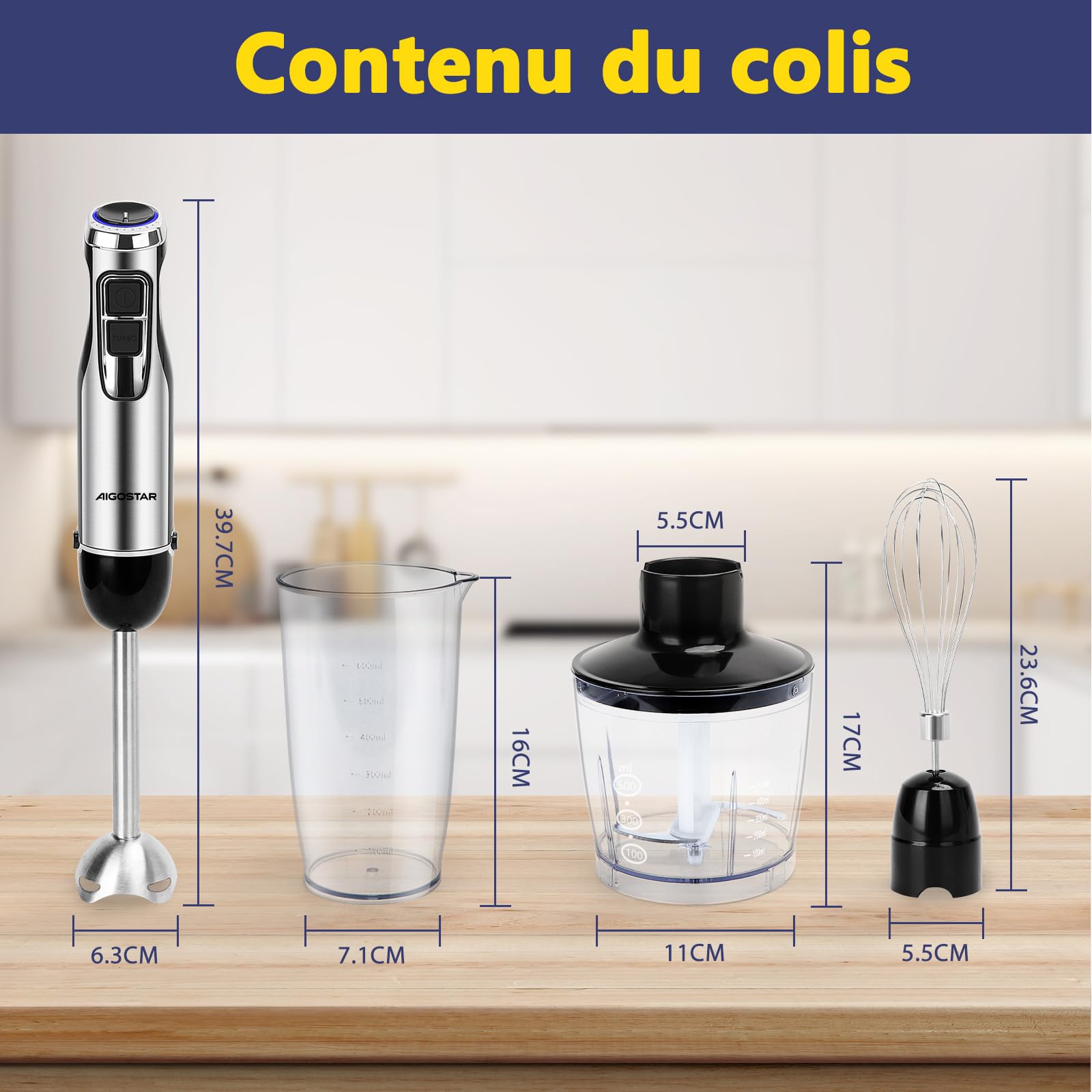 Aigostar Buckle - Mixeur plongeant 4 en 1 de 1000W. Mixer plongeur avec 6 vitesses + Turbo. Mixeur multifonction avec hachoir 500 ml, tasse à mesurer 600 ml et fouet, sans BPA