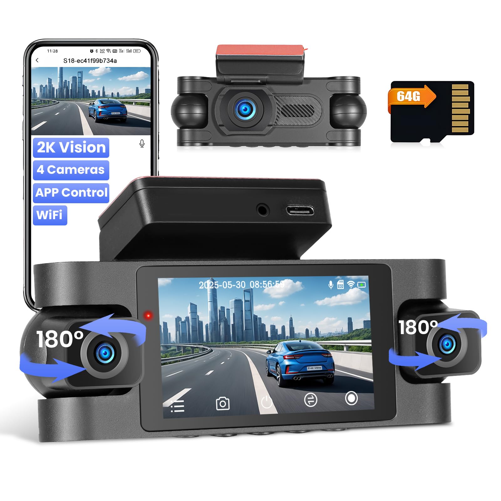 Hikity Dashcam de Bord 4 canaux, Dashcam Voiture de Bord WiFi 2K à l'avant et 1080P à l'arrière à l'intérieur de la Gauche à Droite, Voiture avec Carte de 64G - Wi-FI, Capteur G