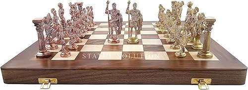 Juego de ajedrez con piezas esculpidas de latón en estilo romano antiguo con tablero plegable de madera de 16 pulgadas, paquete de 1, multicolor