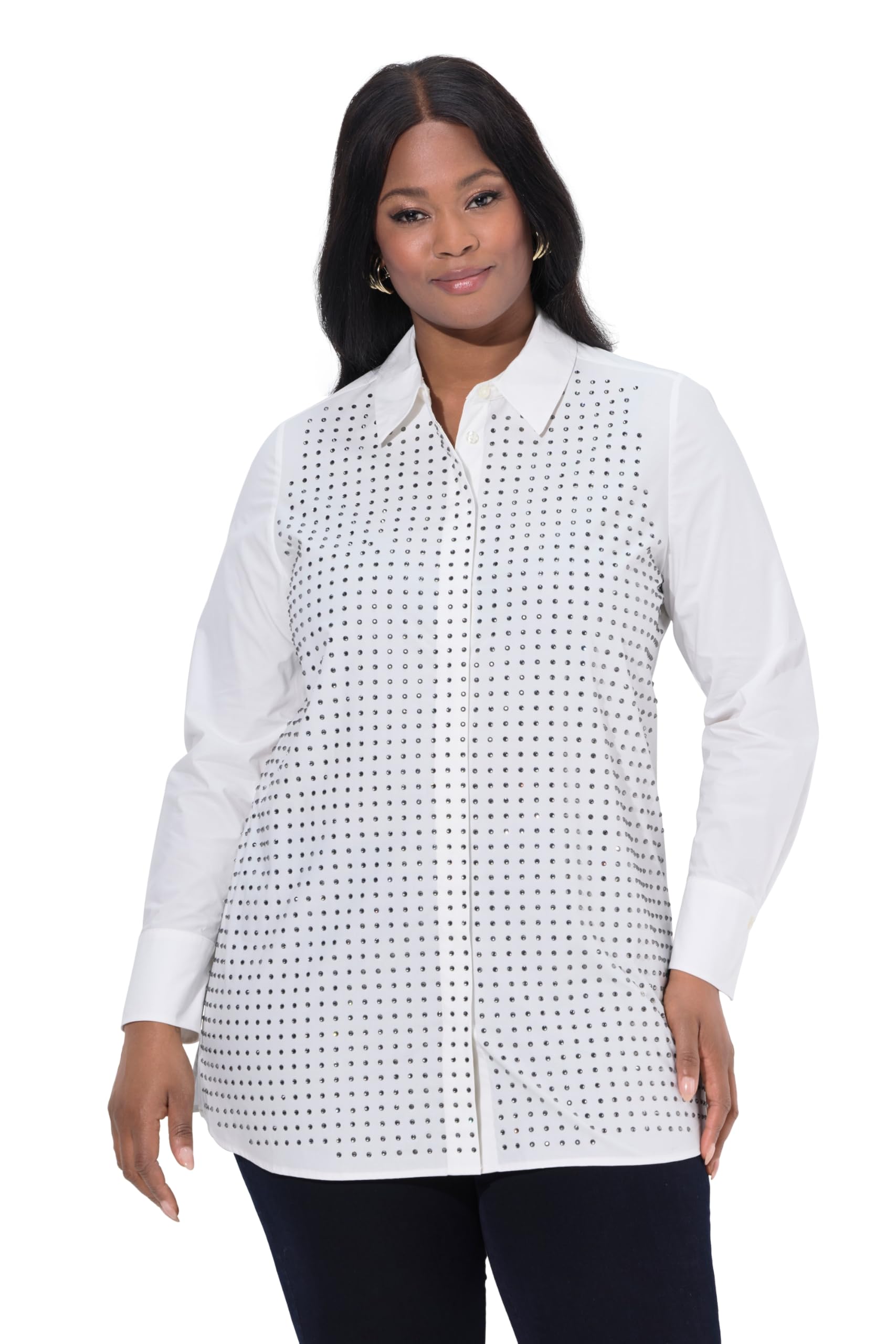 Ulla Popken Damen große Größen Übergrößen Plus Size Bluse, Ziersteine, A-Linie, Hemdkragen, Langarm 842264