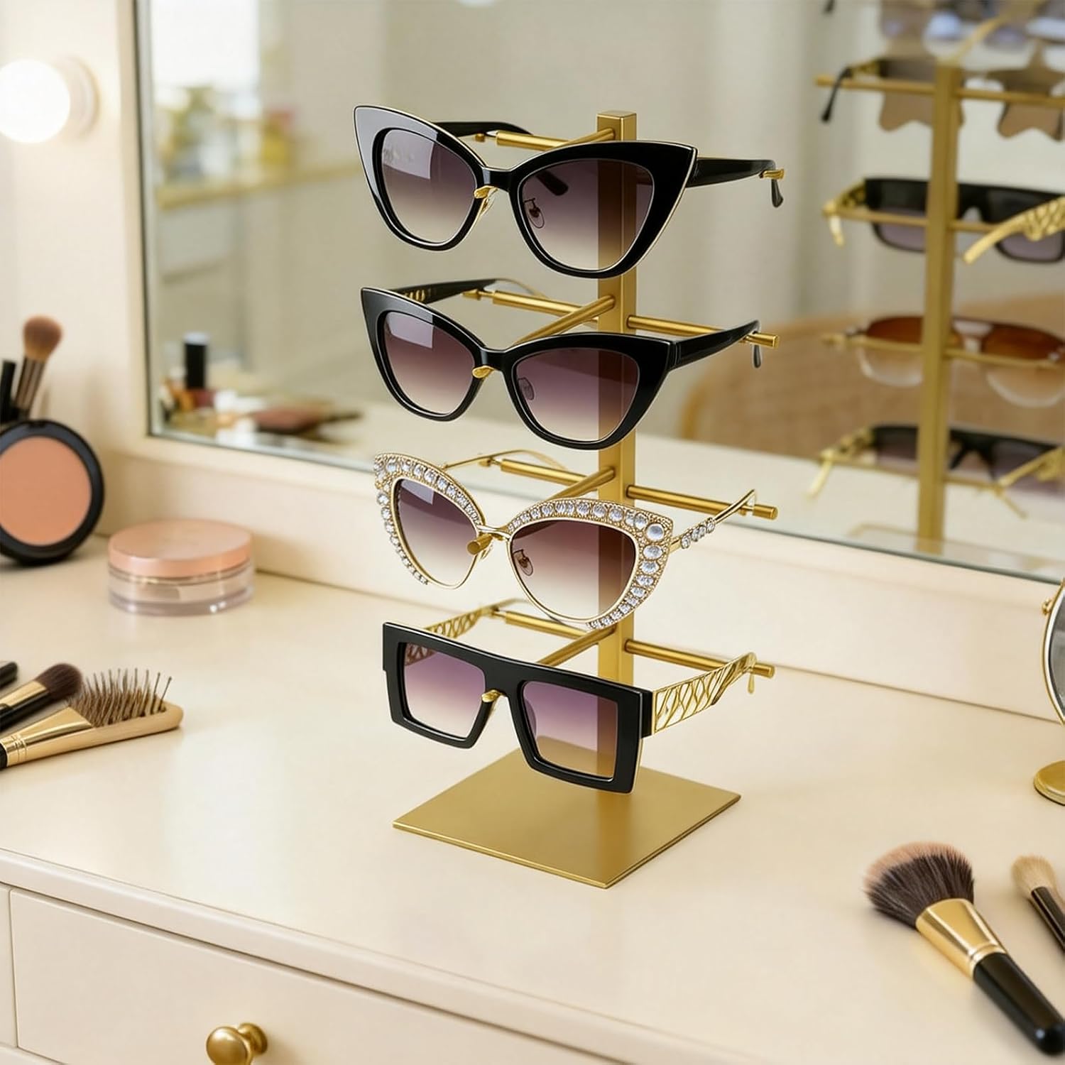Glasses Holder,Stainless Steel sunglass organizer,Removable sunglass display stand，3-Tier glasses stand，Suitable for furniture decoration and commercial displays-（Gold）