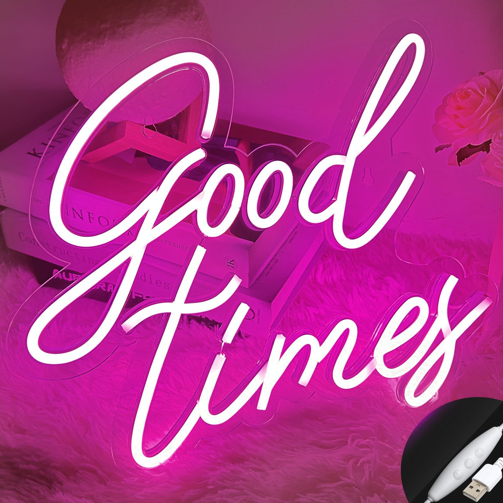 RAINDEE Good Times Neon Signs, LED Neon Light Sign for Wall Decor, Art Decorative Good Times Party Neon Lights for Bachelorette Party, Engagement Party, Birthday Party, Wedding Party Pink