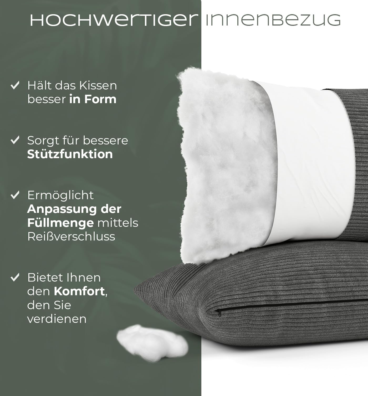 Sofakissen Cord 40x70 2er Set Dekokissen dunkelgrau Couchkissen mit Füllung | Zierkissen groß aus Kordsamt mit regulierbarer Dicke und Kissenbezug, für Sofa & Couch, stützt Rücken und Nacken
