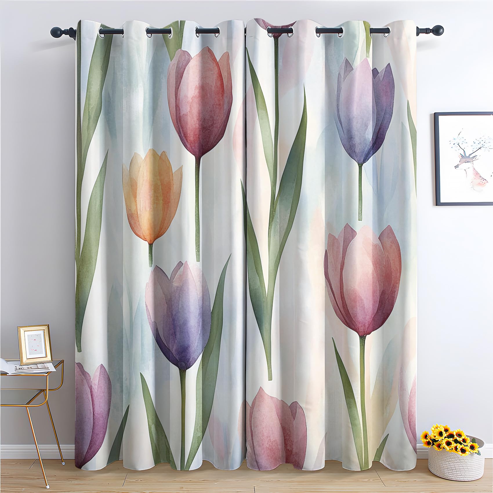 zcwl Tulip Curtains for Bedroom Living Room, Floral Patterned Blackout Curtains, Thermal Insulated Eyelet Curtain, 72 Drop Window Treatments Drapes, 66x72 Inch (W x L), 2 Panels