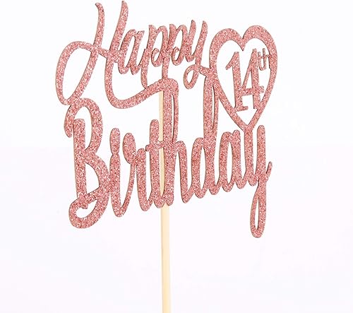 Miniatura 5 de Decoración para pastel de cumpleaños número 14 con purpurina de oro rosa, Hello 14, Cheers to 14 años, suministros de decoración para fiesta de