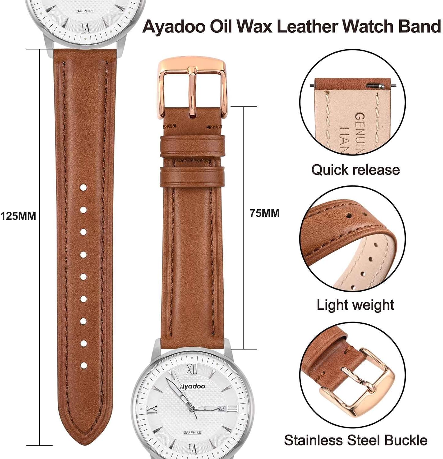 Ayadoo 21mm Oil Wax Leather Watch Band, Vintage Quick Release Replacement Light Brown Leather Watch Strap with Rose Gold Buckle for Men, Women