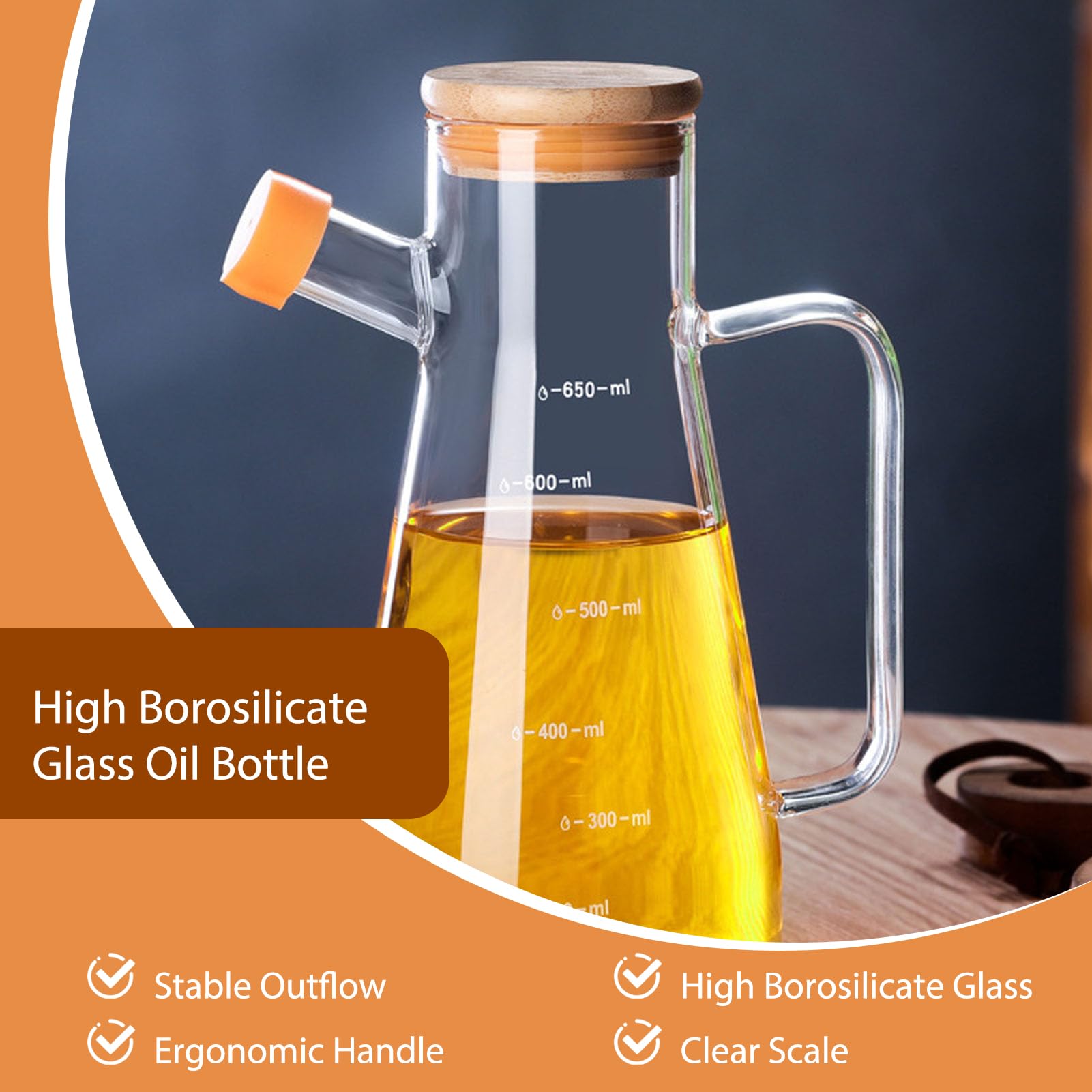 Oliera da cucina in vetro trasparente, dispenser per olio d'oliva, con coperchio in legno e manico ergonomico, dispenser per aceto (650 ml)