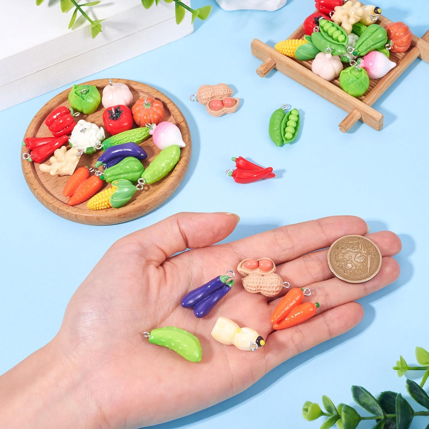Cheriswelry 36Pcs 3D Resin Vegetable Pendants Carrot Corn Eggplant Peanut Pumpkin Pea Dangle Charms with Platinum Loops 14.5-32.5mm for DIY Keychain Necklace Jewelry Making - Image 5