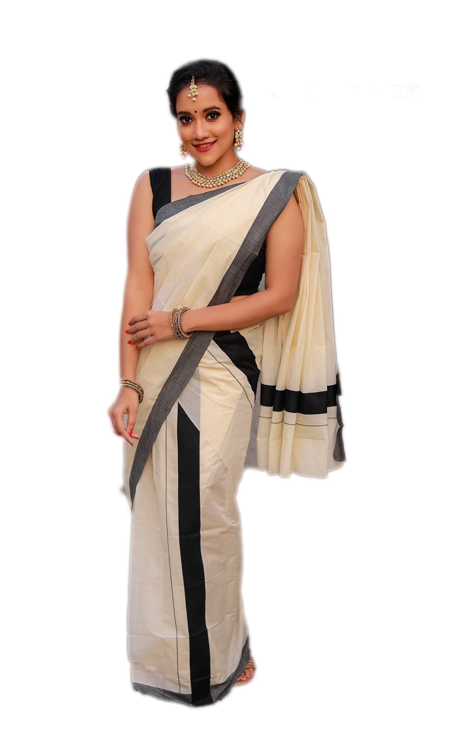 Kerala Bygone Fashion Women's Kasavu Cotton Set Mundu Saree Without Blouse Piece (AZ112362_off White)