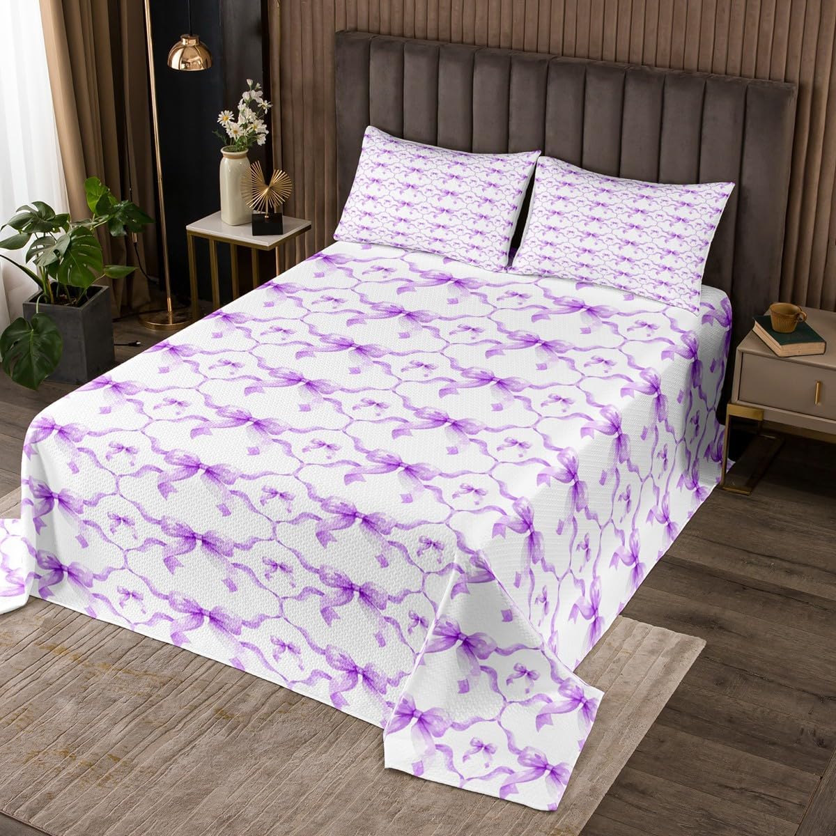 Homewish Purple Bowknot Bedspread Twin Size,Bow Knot Plaid Stripe Bedding Sets 2Pcs for Kids Girls Boys Room Decor,Butterfly Tie Print Comforter Set Dreamy Princess Quilt Coverlet,1 Pillowcase
