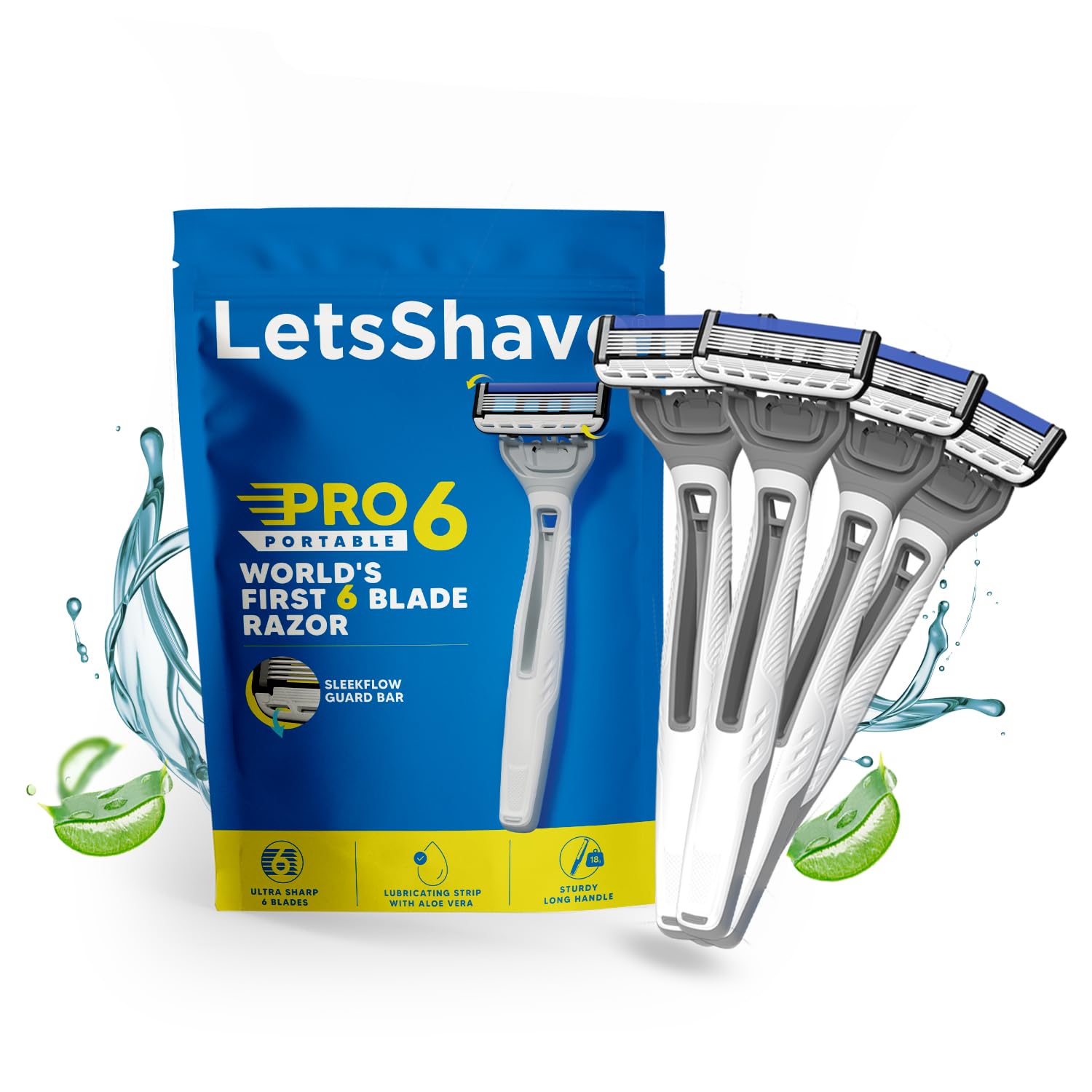 LetsShave Pro 6 Portable Razor for Men, Pack of 4 Razor + 1 Transparent Shave Gel 15ml, World's First 6 Blade Razor Set, Disposable Razor for Men