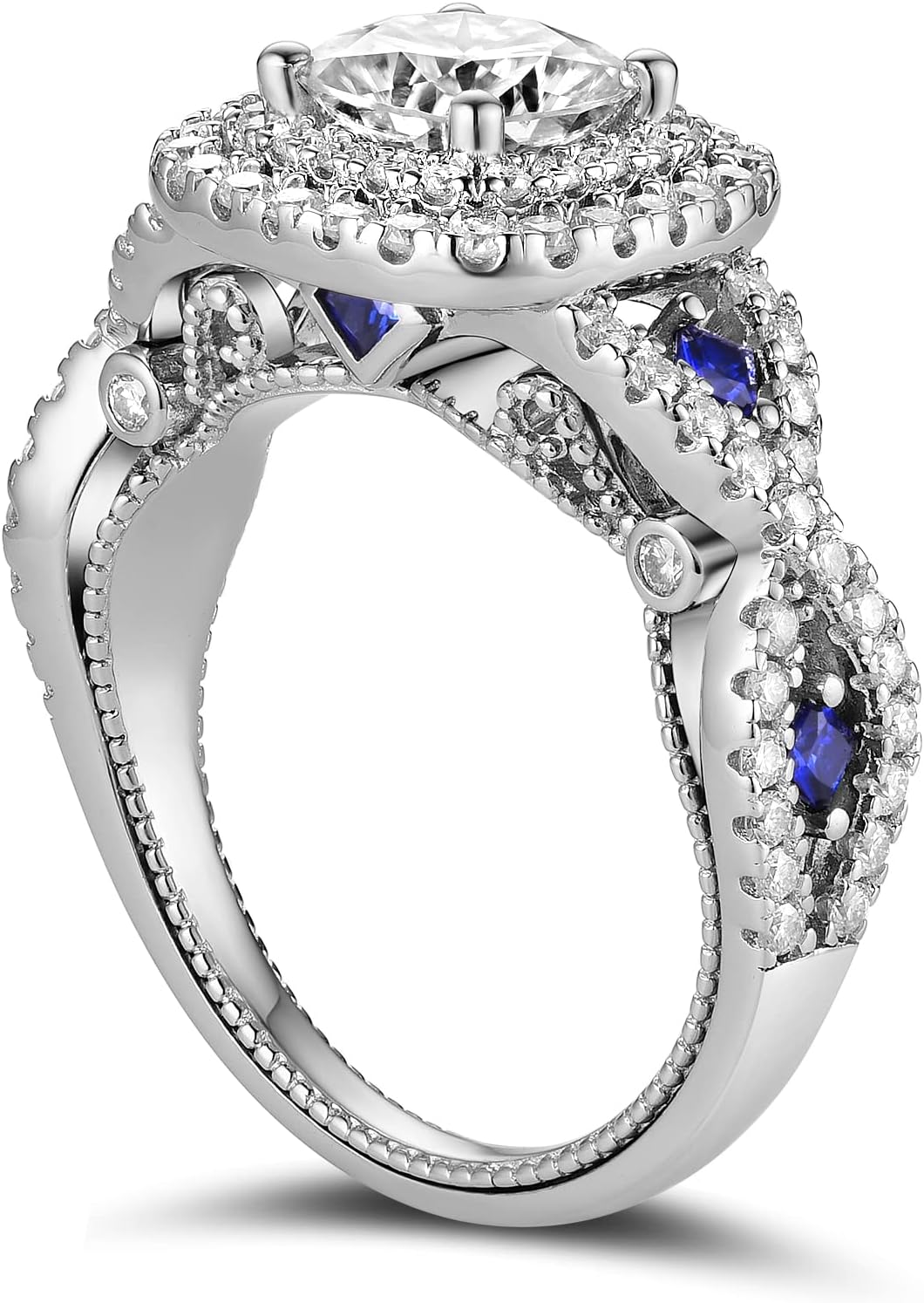 DovEggs Moissanite Engagement Rings for Women 2.82ctw Total 7X7mm FGH Color Cushion Cut Moissanite Vintage Wedding Ring Double Halo Blue Sapphire Sterling Silver with 18K White Gold Plated