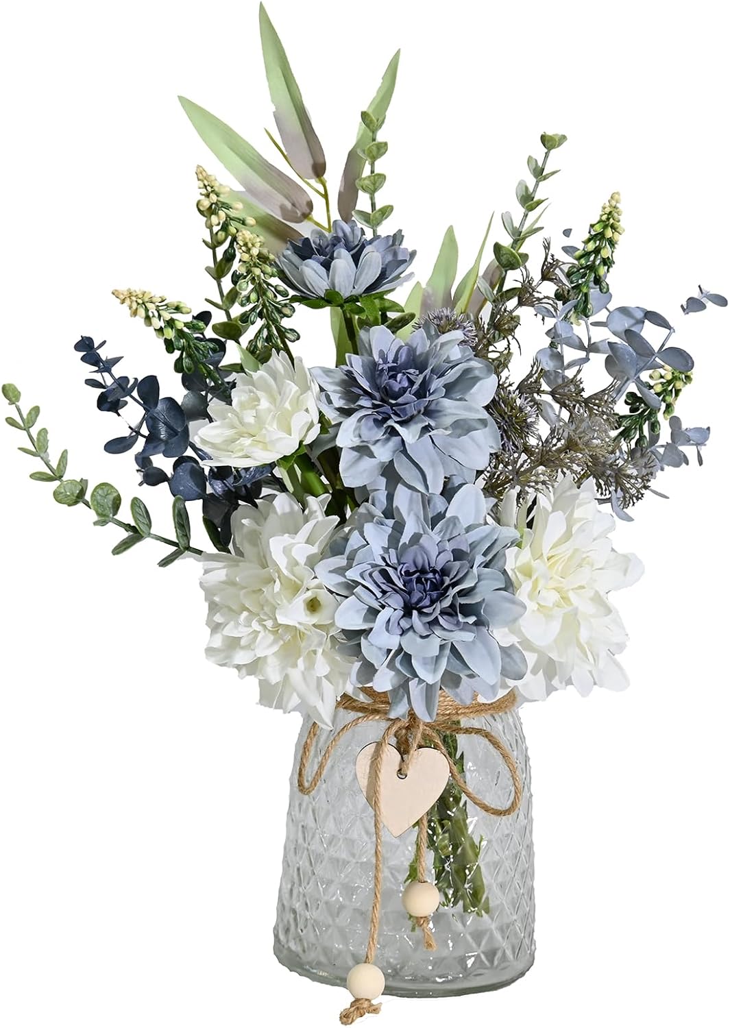 Artificial Flowers with Vase, Faux Dahlia Flower Arrangement in Glass Vase, Blue and White Silk Flowers with Eucalyptus for Home Office Kitchen Dining Table Centerpiece Decor Artificial Flowers with Vase, Faux Dahlia Flower Arrangement in Glass Vase, Blue and White Silk Flowers with Eucalyptus for Home Office Kitchen Dining Table Centerpiece Decor