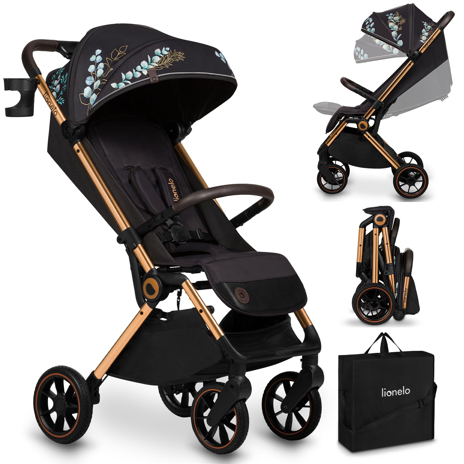 lionelo cloe foldable pushchair up to 22 kg adjustable backrest sleep function 5-point harness large swivel wheels mosquito net cup holder lightweight compact waterproof
