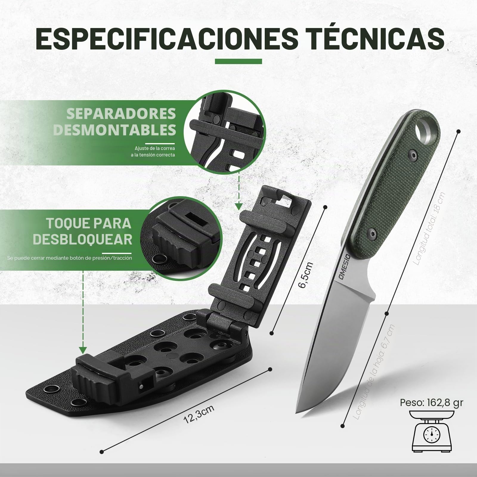 Omesio Cuchillo para exteriores, hoja de acero 14c28n, mango de micarta, longitud de la hoja de 18 cm, cuchillo de cinturón completo con funda Kydex y clip para cinturón, bushcraft fijo para EDC