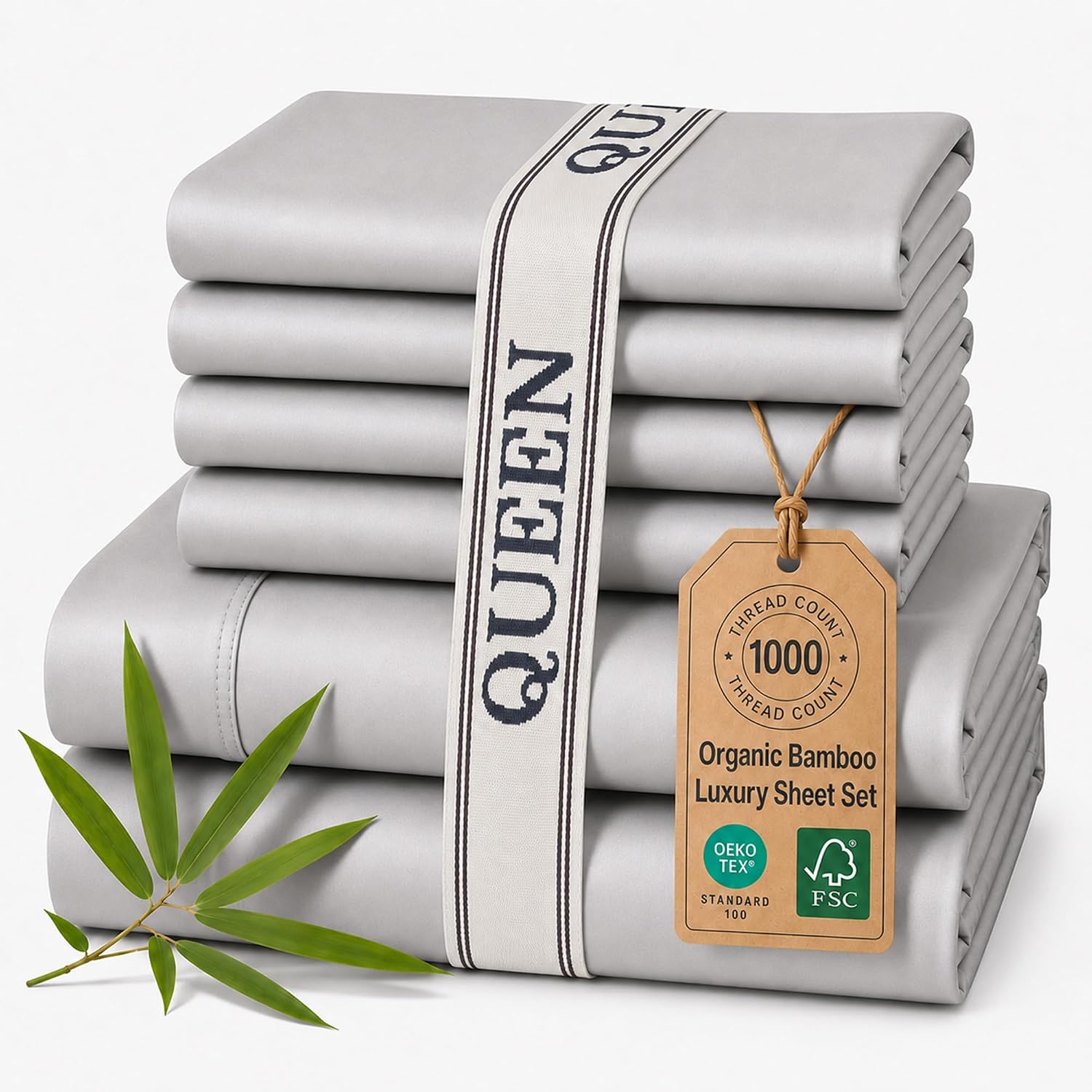 Therapedic Luxury Bamboo Viscose 6 Piece Queen Sheets Set (Light Grey)
