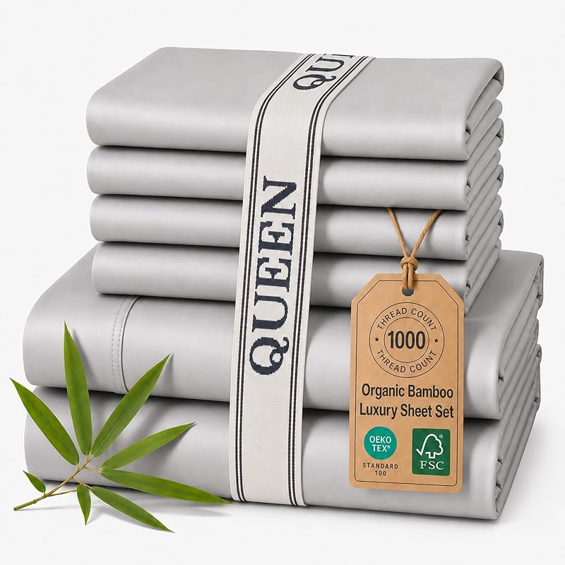 Therapedic 100% Organic Rayon Derived from Bamboo Queen Sheet Set | 1000TC 6-Piece Cooling Sheets Set, 16” Deep Pocket Fitted Sheet, 4 Pillowcases - Light Grey