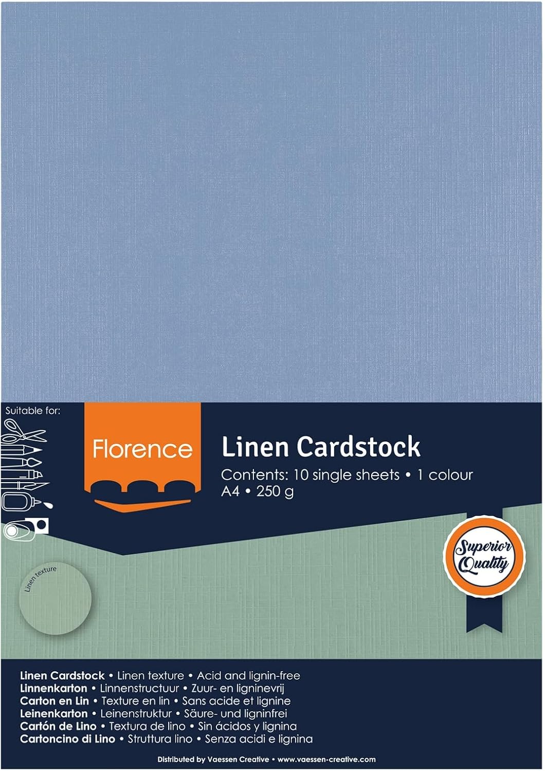 Florence Linen Cardstock Blue 250 g - Coloured Paper A4 - Steel - Card Making - Scrapbooking Supplies - Tear-Resistant - Create Elegant Invitations, Gift Boxes and Art Projects