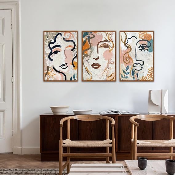 CHDITB 3Pcs Abstract Woman Wall Art,Boho Modern Line Wall Decor,Modern Matisse Framed Canvas Paintings,Colorful Floral Graffiti Abstract Art Prints For Living Room Bedroom Women Office Decoration
