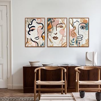 CHDITB 3Pcs Abstract Woman Wall Art,Boho Modern Line Wall Decor,Modern Matisse Framed Canvas Paintings,Colorful Floral Graffiti Abstract Art Prints For Living Room Bedroom Women Office Decoration