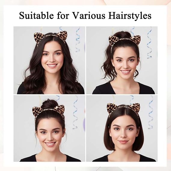 Leopard Print Cat Ears Headband for Women - Soft Furry Animal Ear Hairband, Comfortable Cosplay Accessory for Halloween, Costume Party, Face Washing, Makeup, Cheetah & Tiger Style