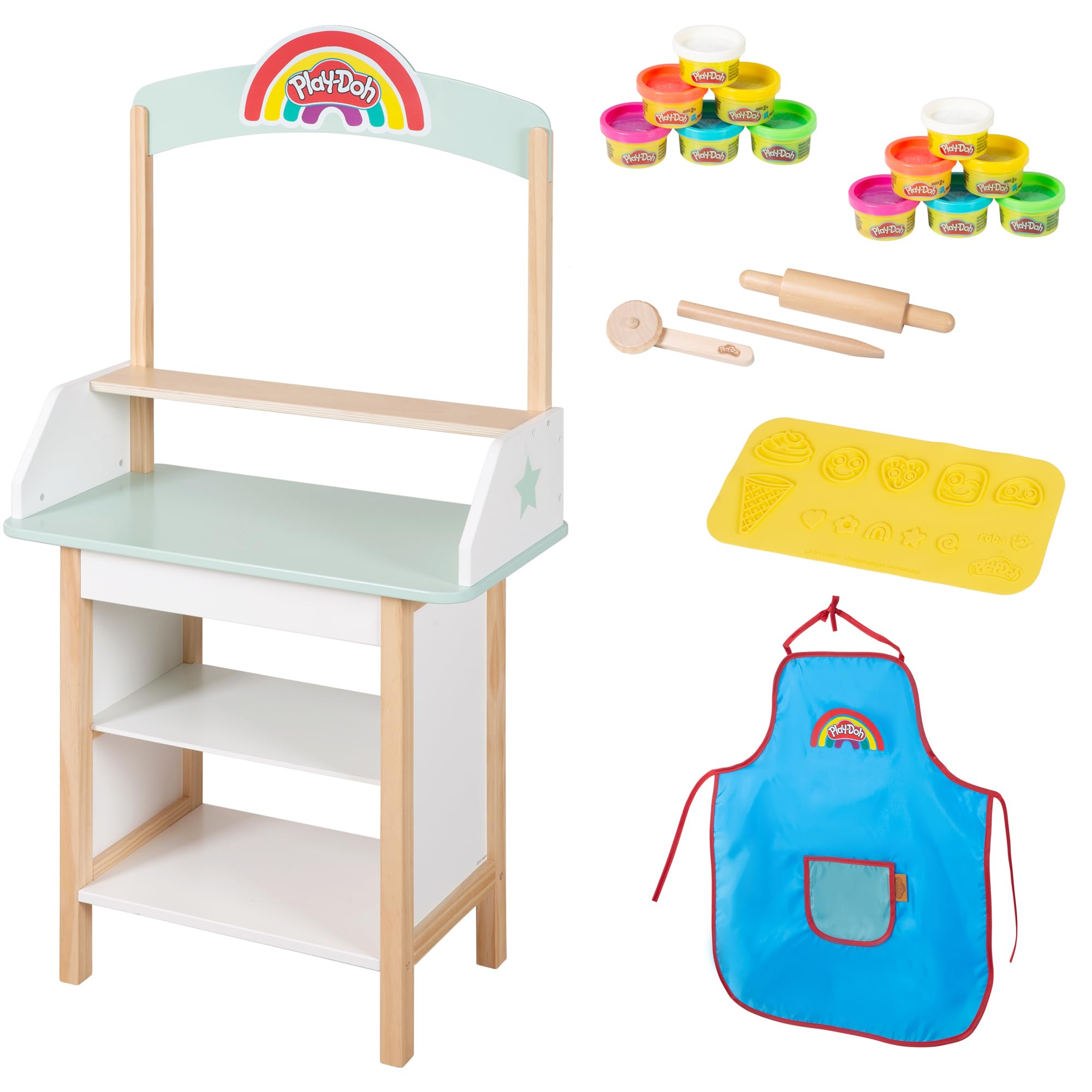 roba x Play-Doh Gelateria - Giocattolo in Legno Certificato FSC - 12 Barattoli di Plastilina, Attrezzi in Legno, Grembiule e Tappetino 3D - da 3 Anni