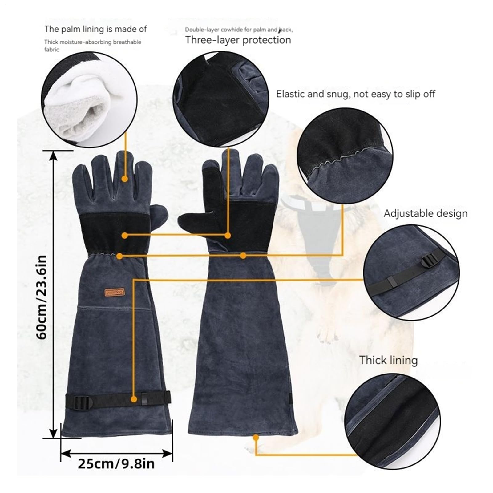 Guantes antimordeduras para el manejo de animales Protector | Guantes Protectores Antiarañazos De 60 Cm Manga Para Manejo De Gatos, Perros, Ganado, Serpientes Y Reptiles