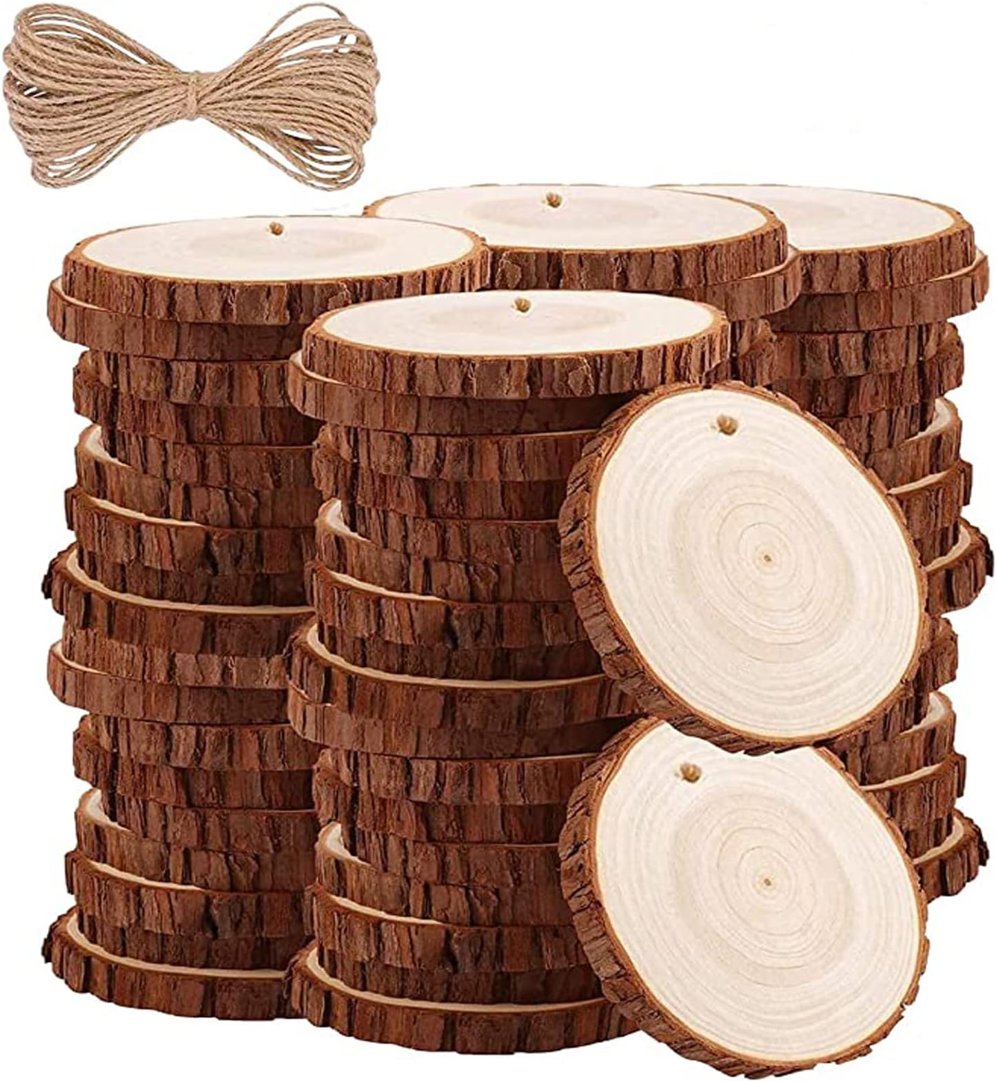 50 Pcs 2.8-3.2 inch Wood Slices for Centerpieces - 33 Feet Natural Jute Twine for Hole to Hang, Rustic Decor Wooden Rounds, Log Discs for Charger Circles, Wood Plates, Wood Cake Stand