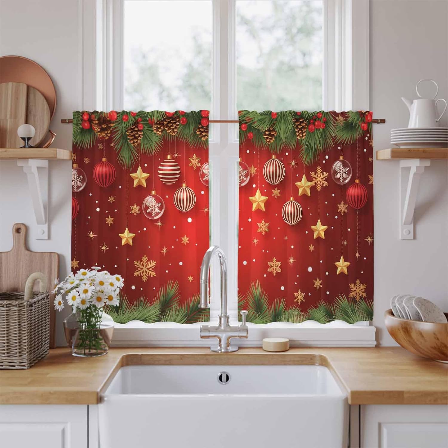 Merry Christmas Kitchen Tier Curtains 45 Inch Long 2 Panel Set,Rod Pocket Short Window Treatment,Red Xmas Balls Star Pine Branch Winter Curtains & Drapes for Bathroom Basement 27.5"W x 45"L
