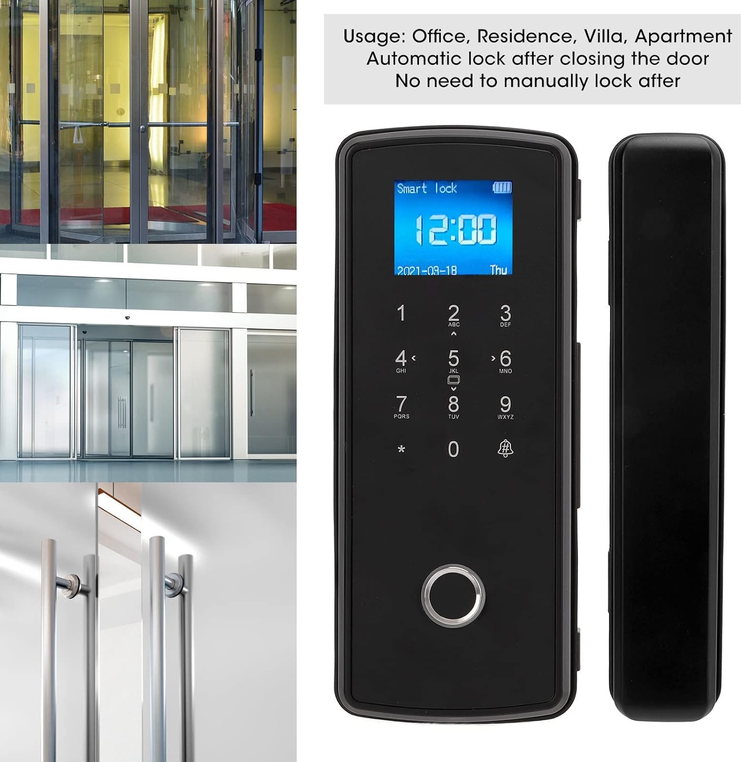 Image showing various glass door types (revolving, sliding, standard) and the Dioche Smart Lock, illustrating its suitability for different environments and automatic locking.