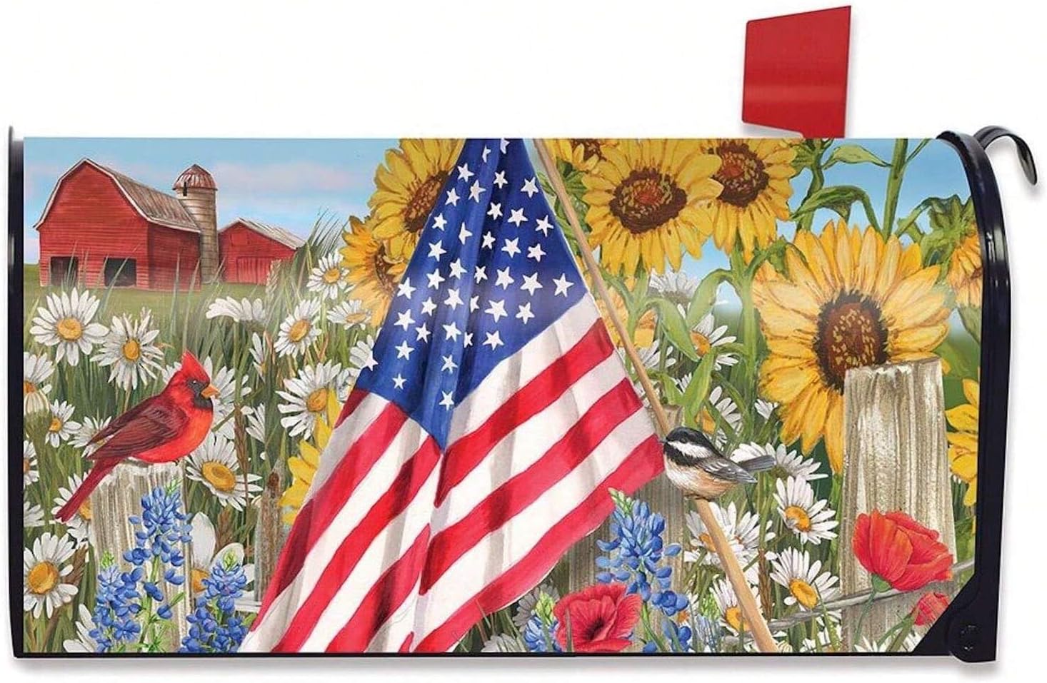 Spring Summer Mailbox Covers Magnetic Standard Size 18 x 21 Inch Flowers and American Flag Mailbox Wrap Rustic Waterproof Floral Post Letter Box Cover Wrap Decoration for Garden