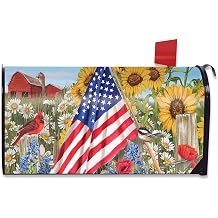 Spring Summer Mailbox Covers Magnetic Standard Size 18 x 21 Inch Flowers and American Flag Mailbox Wrap Rustic Waterproof Floral Post Letter Box Cover Wrap Decoration for Garden