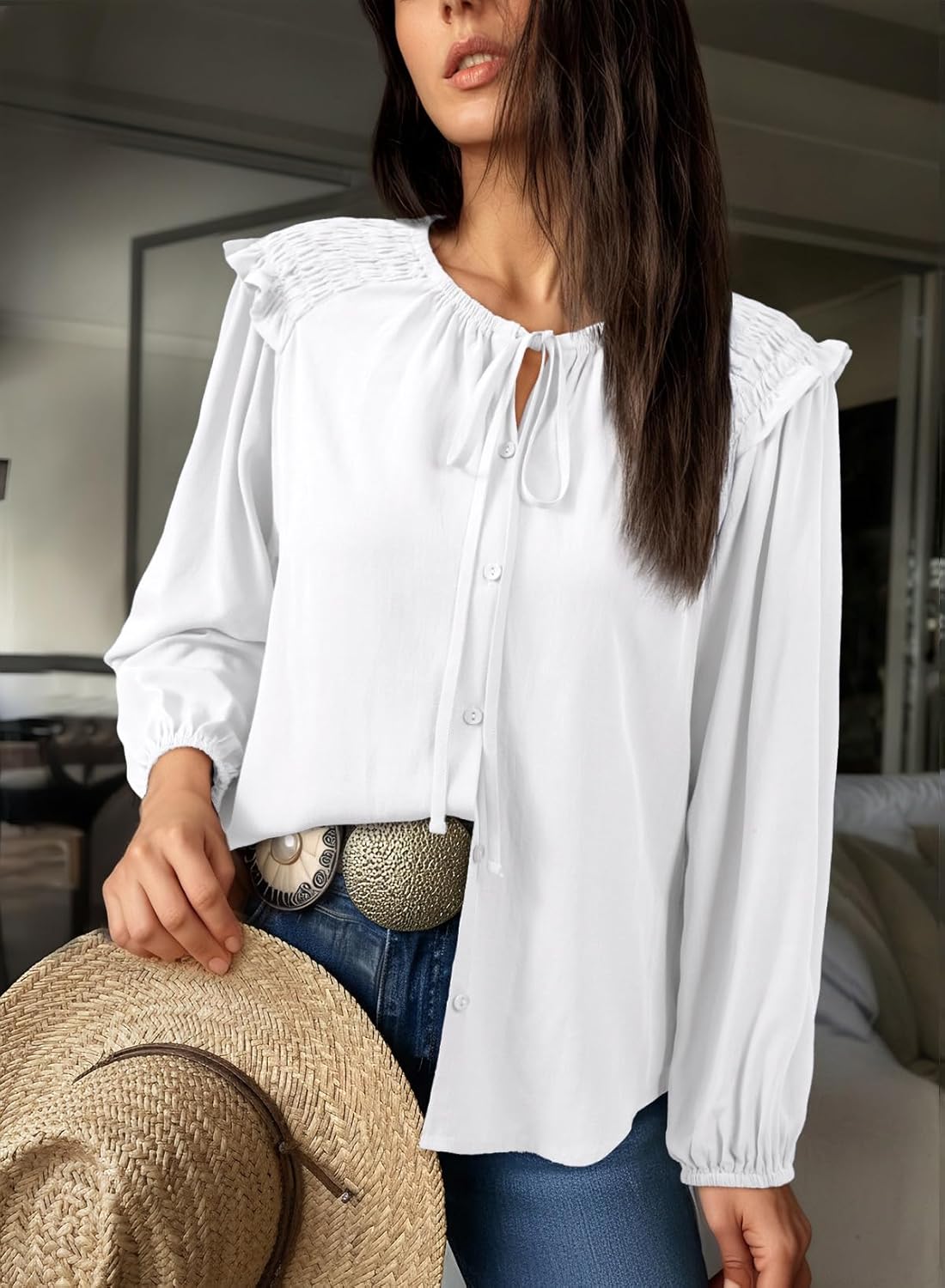 Dokotoo Womens Tops Tie Front Long Lantern Sleeve Blouse Ruffle Crew Neck Button Down Boho Shirts - Image 6