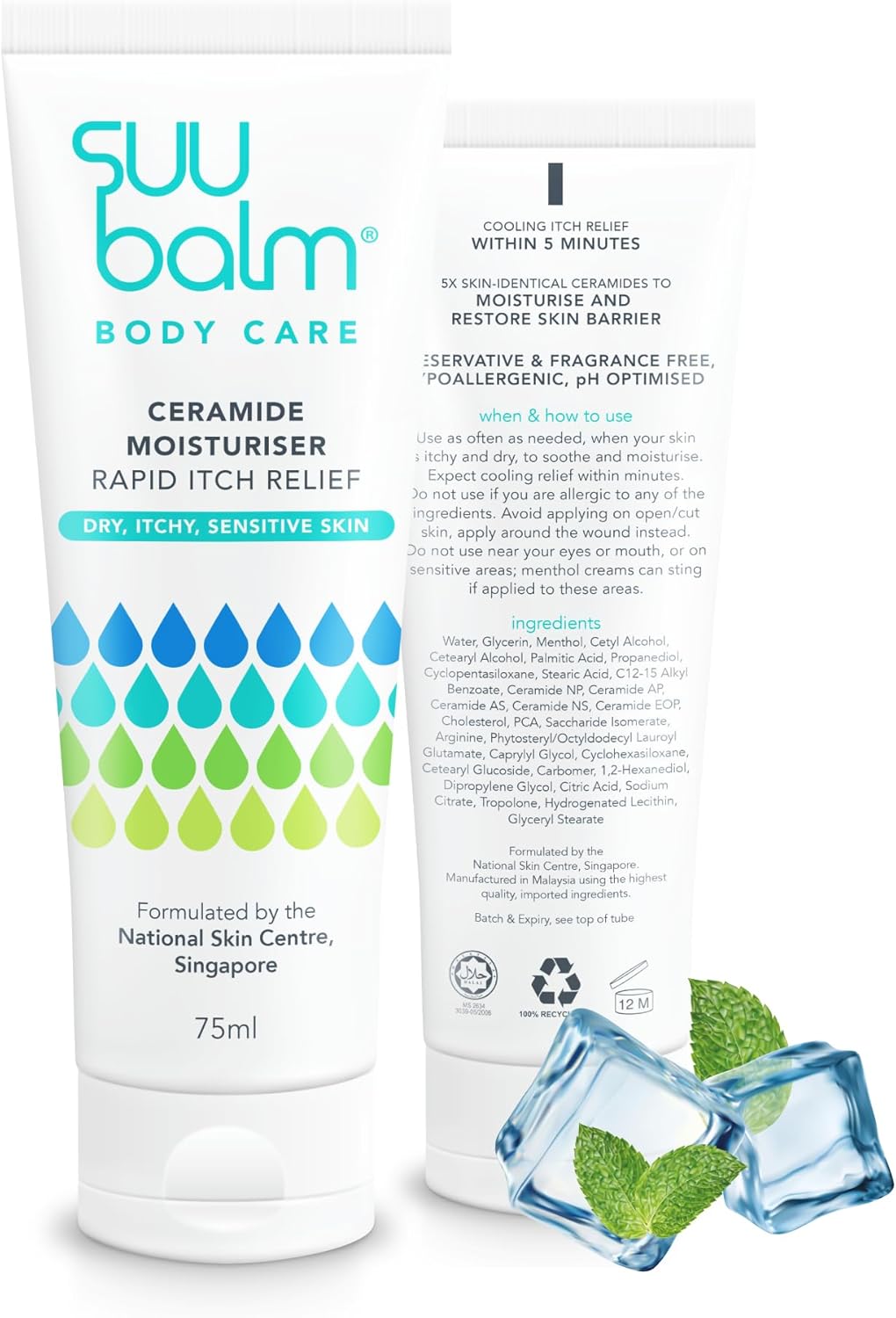 Suu Balm - Itch Relief Cream, Menthol &amp; Ceramide Body Moisturiser - Itch Relief in 5 Minutes - Psoriasis, Dry, Sensitive Skin, Eczema Treatment 75ml