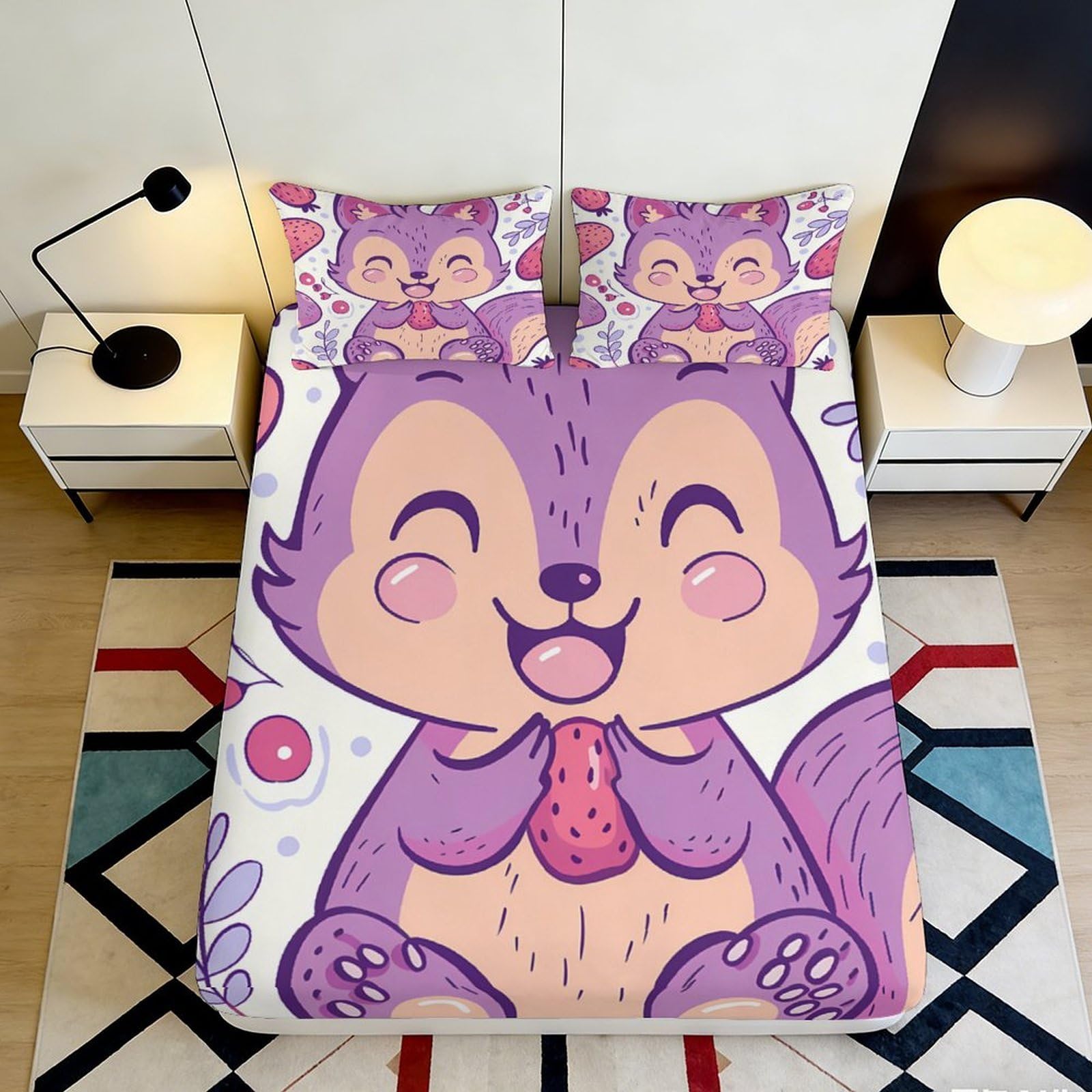 3D Printed Purple Squirrel Fitted Sheet Microfiber Soft Cartoon Animal Bed Cover for Bedroom Dorm Mattress Decor 90x200x25cm