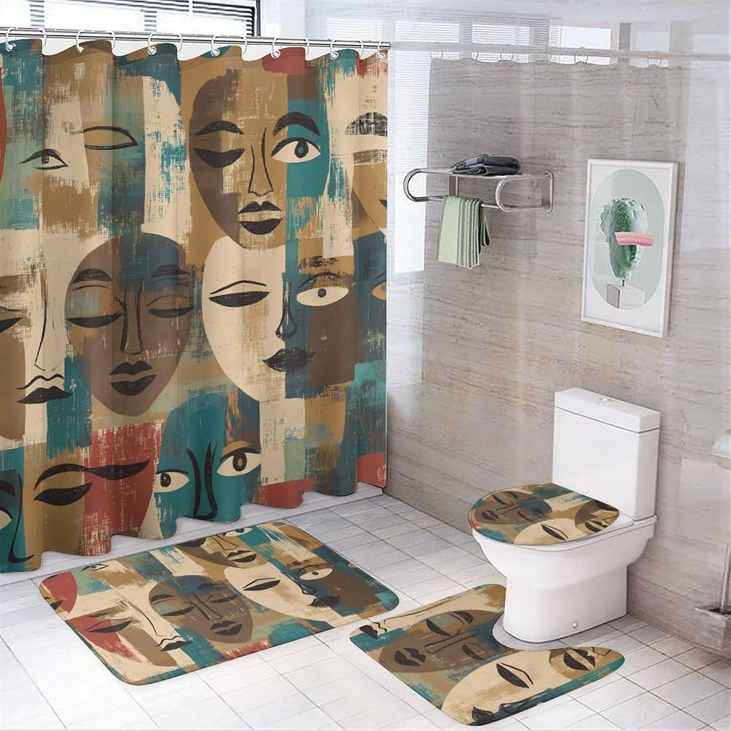 African Faces Art Masks Modern Bathroom Sets with Shower Curtain and Rugs Decor 4 Pcs with 12 Hooks