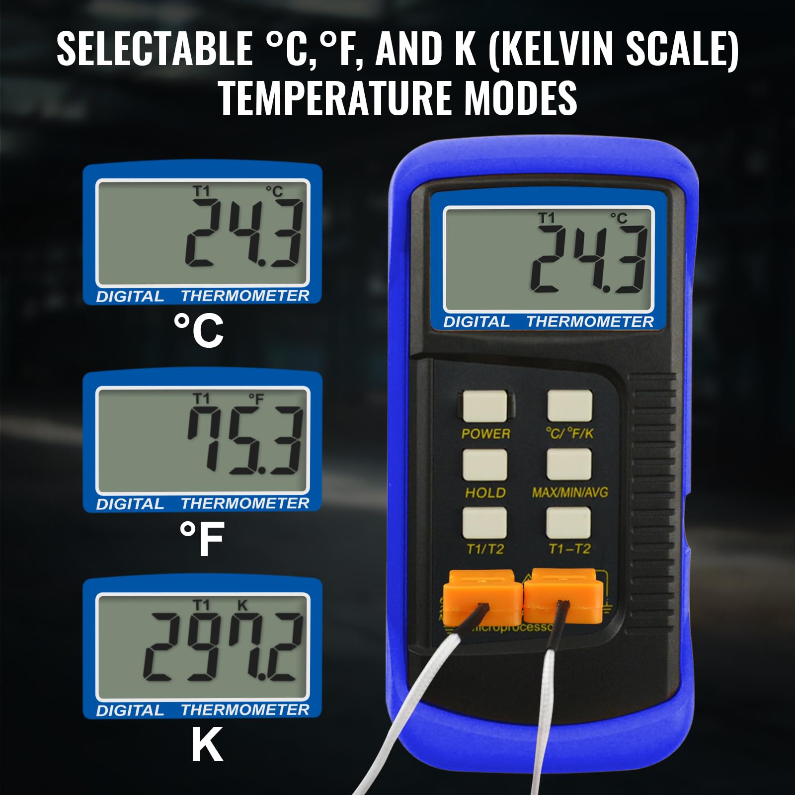 Termometro digitale a 2 canali K-Type 2 termocoppie -50 ~ 1300 ° C (-58 ~ 300 ° F) Palmare ad alta temperatura Kelvin Scale Dual Misuratore Sensore