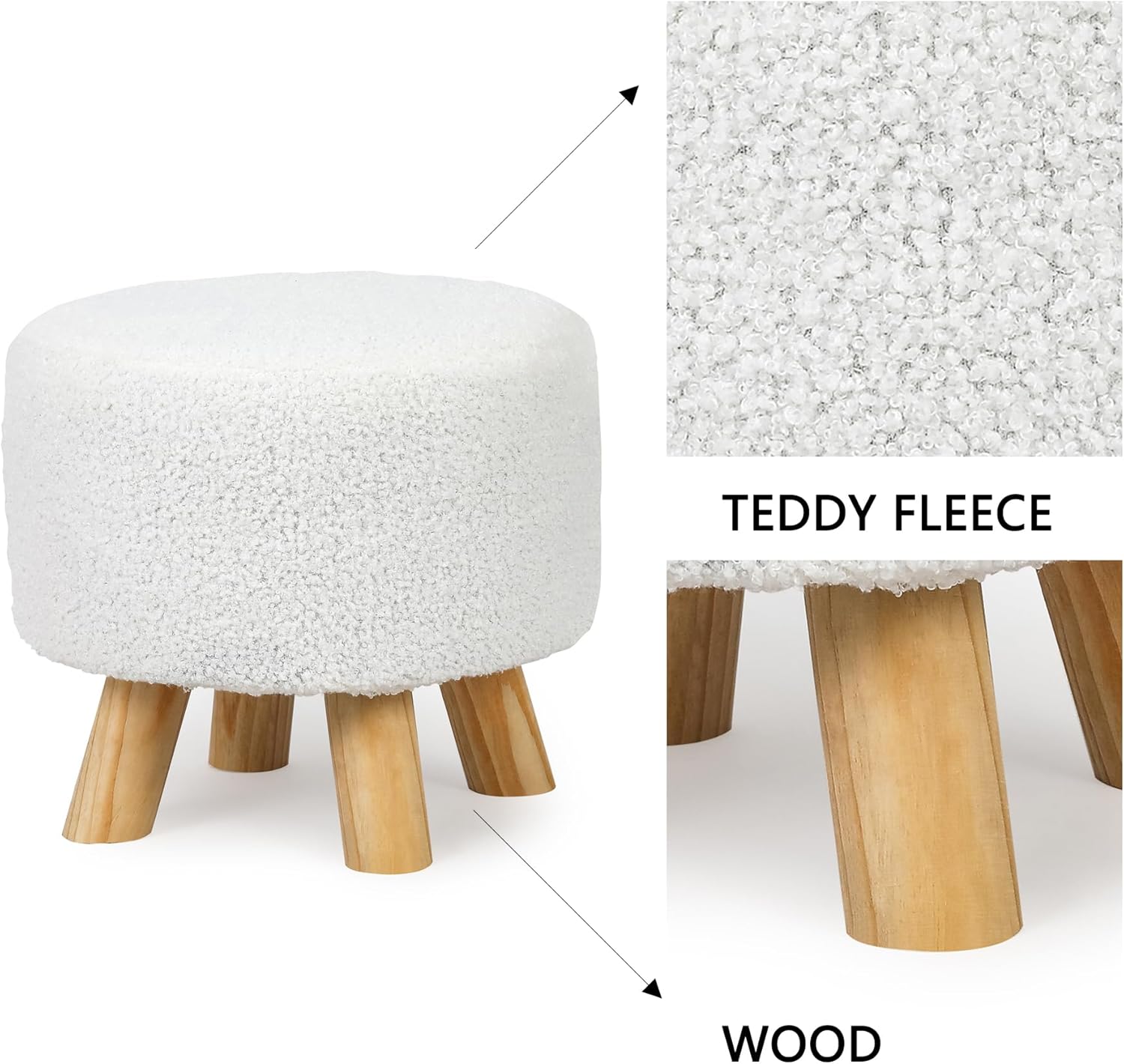 Asense 11-inch Round Ottoman Footstool,Small Padded Seat with Wood Legs,Foot Rest Stool for Living Room Bedroom Couch,White