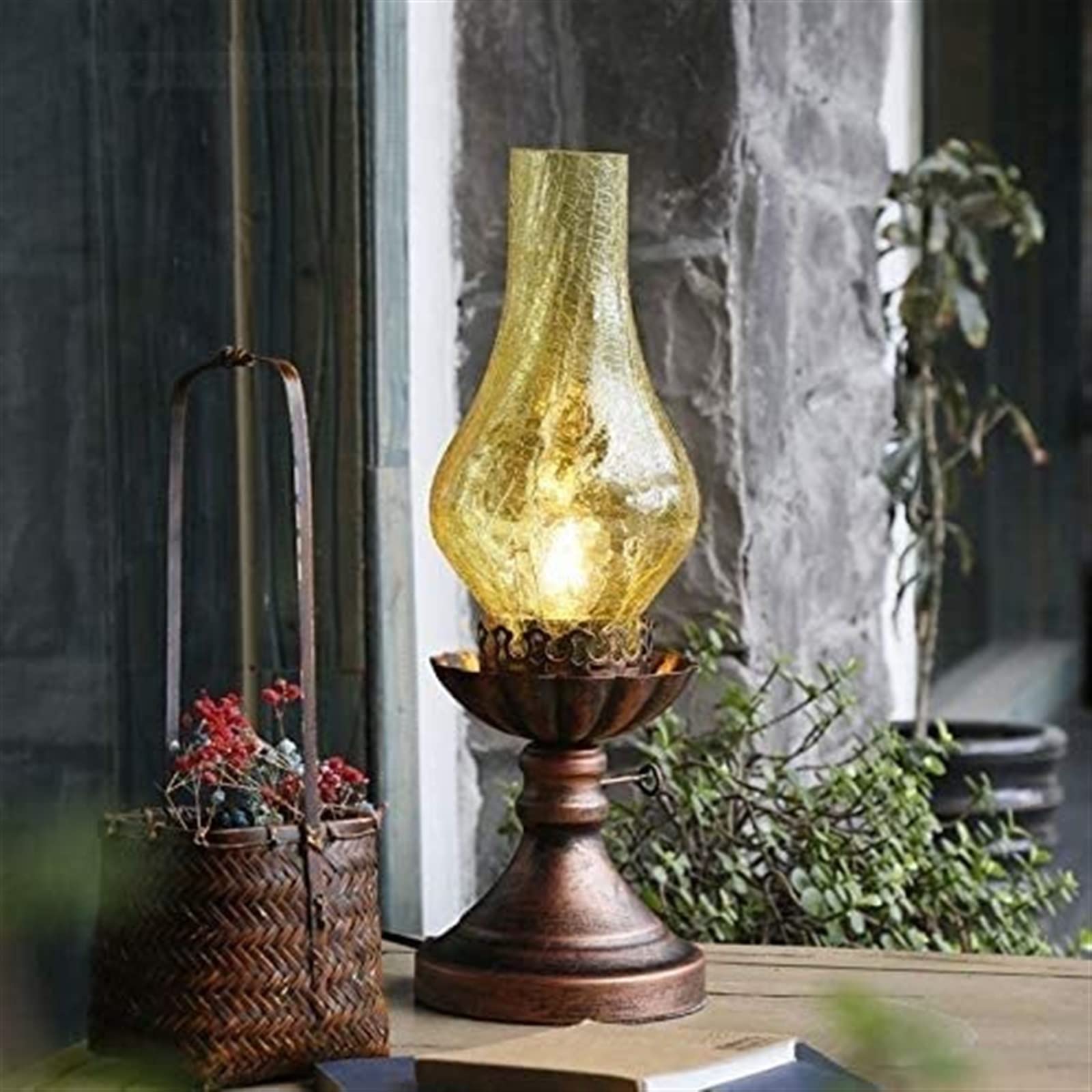 Glas Kerosinlampe Öllampe, Elektrische Glas Petroleumlampe Amerikanische Retro Nostalgische Tischlampe Klassische Antike Eisen Petroleumlaterne(Yellow)