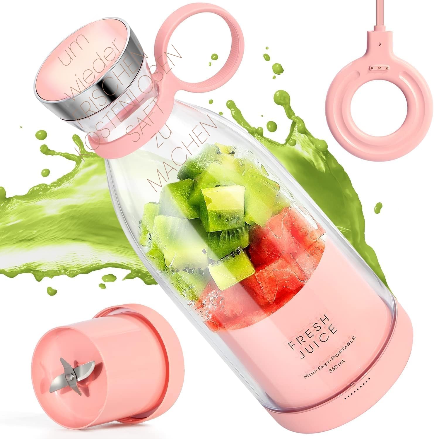 Fresh Juice tragbarer Mixer to go, für Smoothie, persönlicher kabelloser Obst-Mixer, wiederaufladbar, USB, für Sport, Camping, Fitness (Pink +)
