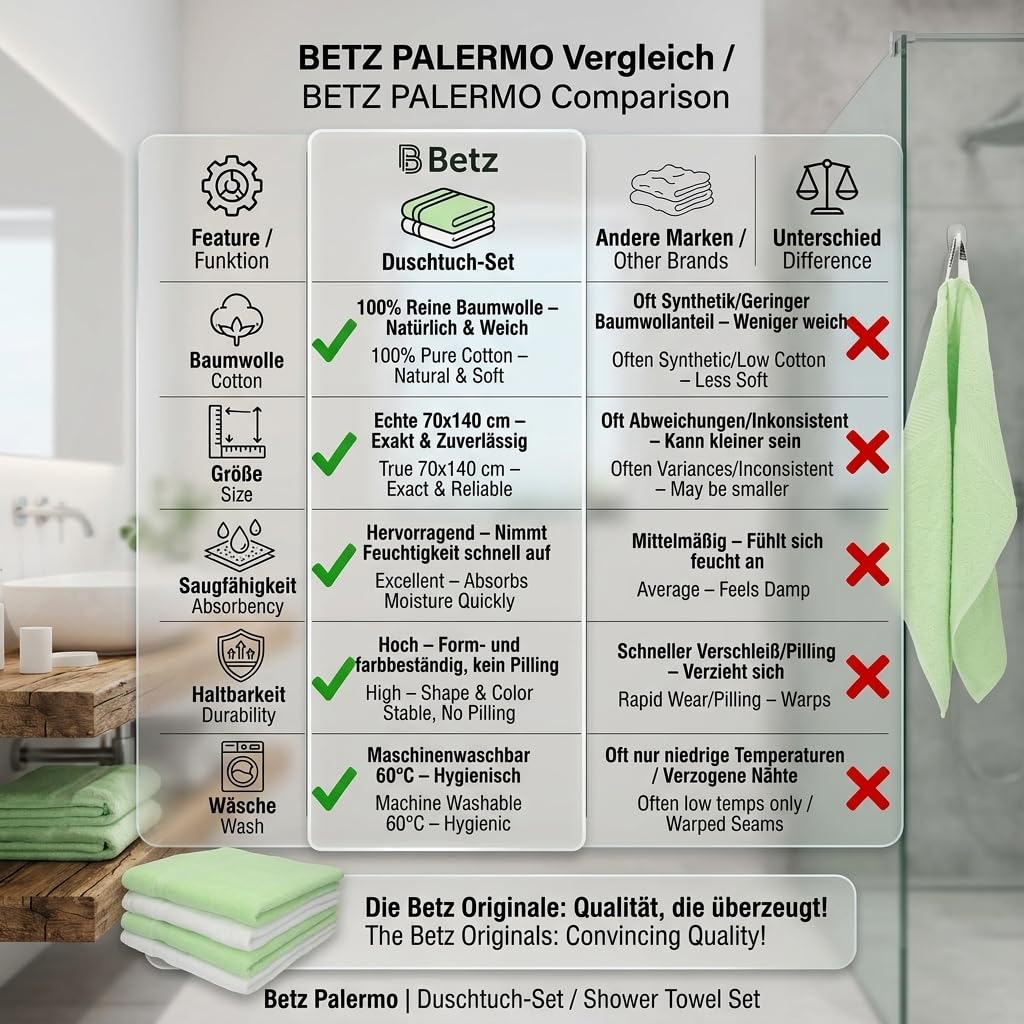 Betz 4 unidades toallas baño/ducha serie Palermo color blanco y verde tamaño:70x140cm 100% algodón de