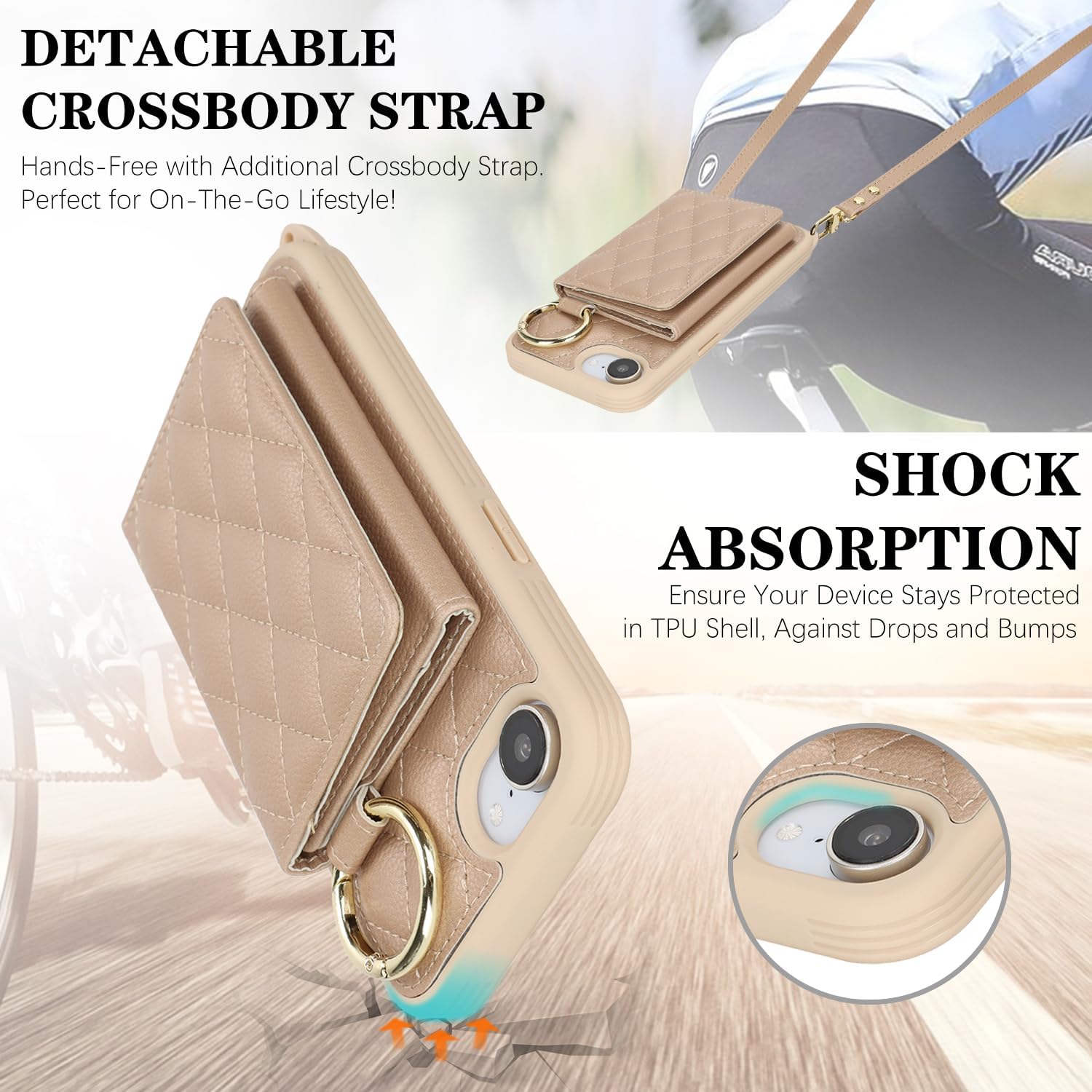 for iPhone 17e / 16e Case with Card Holder and Strap for Women,Crossbody Lanyard, Make Up Mirror,Ring Stand,Snap Clasp,Cute Phone Wallet Cases 6.1 inch - Off-White