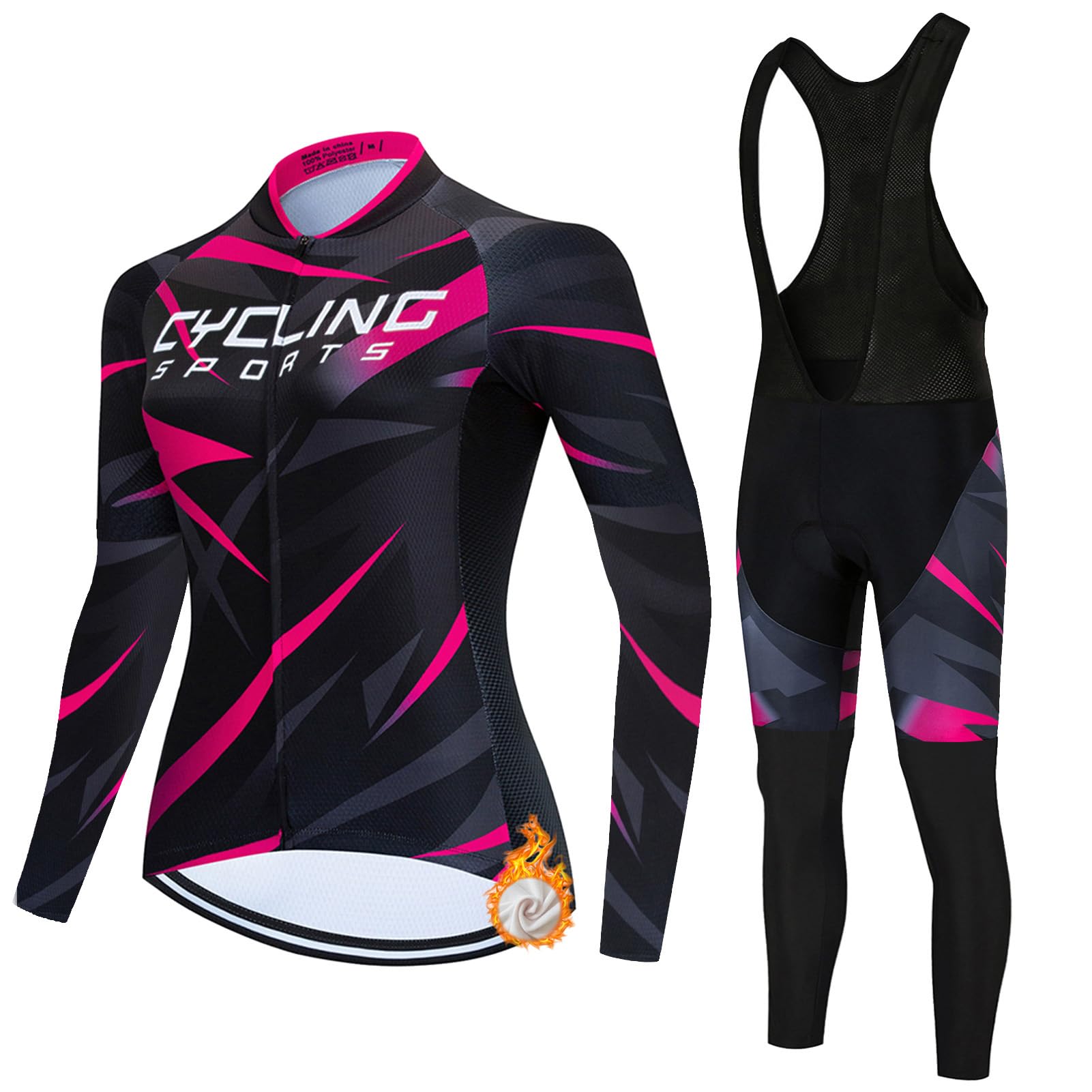 Ropa Ciclismo Mujer Conjunto Ciclista Invierno Maillot Bici MTB Polar Térmico,Traje Bicicleta Chaquetas Ciclo Manga Larga y Pantalones Tirantes con 19D Gel Acolchado,Completa BTT Jerseys Transpirable
