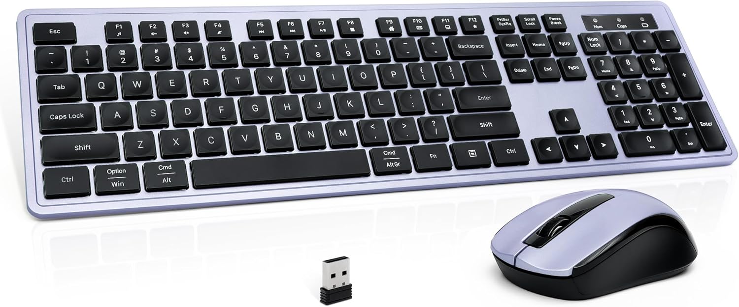 Wireless Keyboard and Mouse, 2.4GHz Cordless Silent Keyboard Mouse Combo, Optical Mouse, Plug and Play USB Receiver, Compatible with Windows, Mac, Laptop, and PC – Ideal for Office Use（Black Purple）