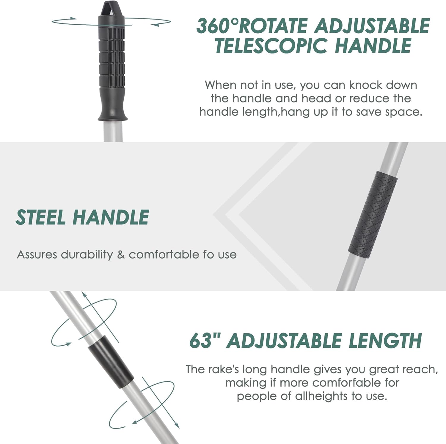 ORIENTOOLS Garden Leaf Rake 2 in 1 Turf Rake for Artificial Grass and Lawn with Telescopic Steel Handle, 49" to 63" Long