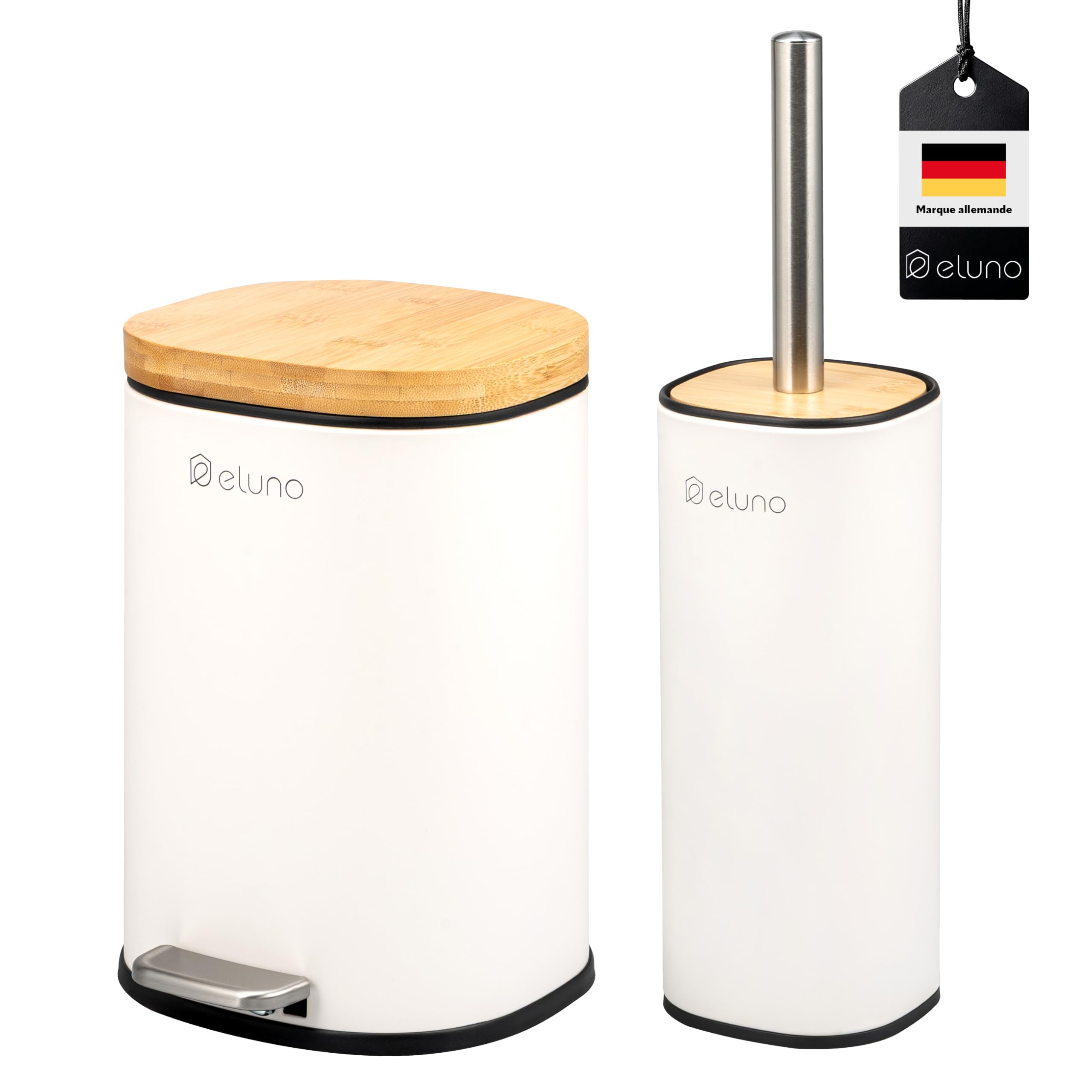 eluno Framura - Lot de 2 accessoires de salle de bain - 1 poubelle de salle de bain avec couvercle à fermeture douce et une capacité de 5 litres et 1 ensemble WC - En métal avec couvercle en bambou