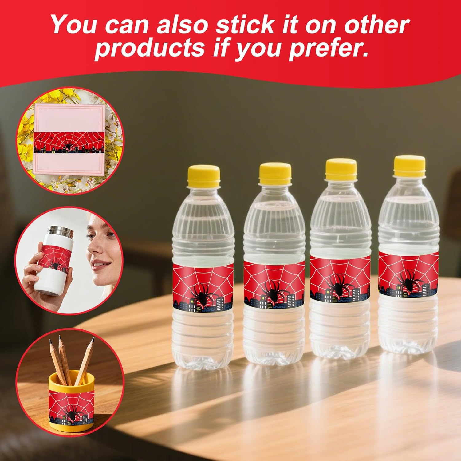40pcs Spider Water Bottle Labels, 20x6cm/7.9x2.4in Waterproof Red Spider Water Bottle Stickers Suitable for Kids Birthday Party Themed Events Drink Decorations