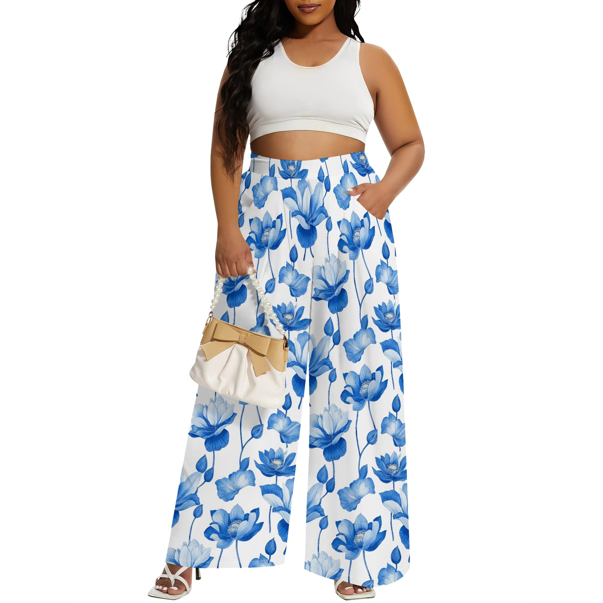 Womens High Waist Wide Leg Pants - Casual Stretch Business Palazzo Pants for Office Work with Pockets