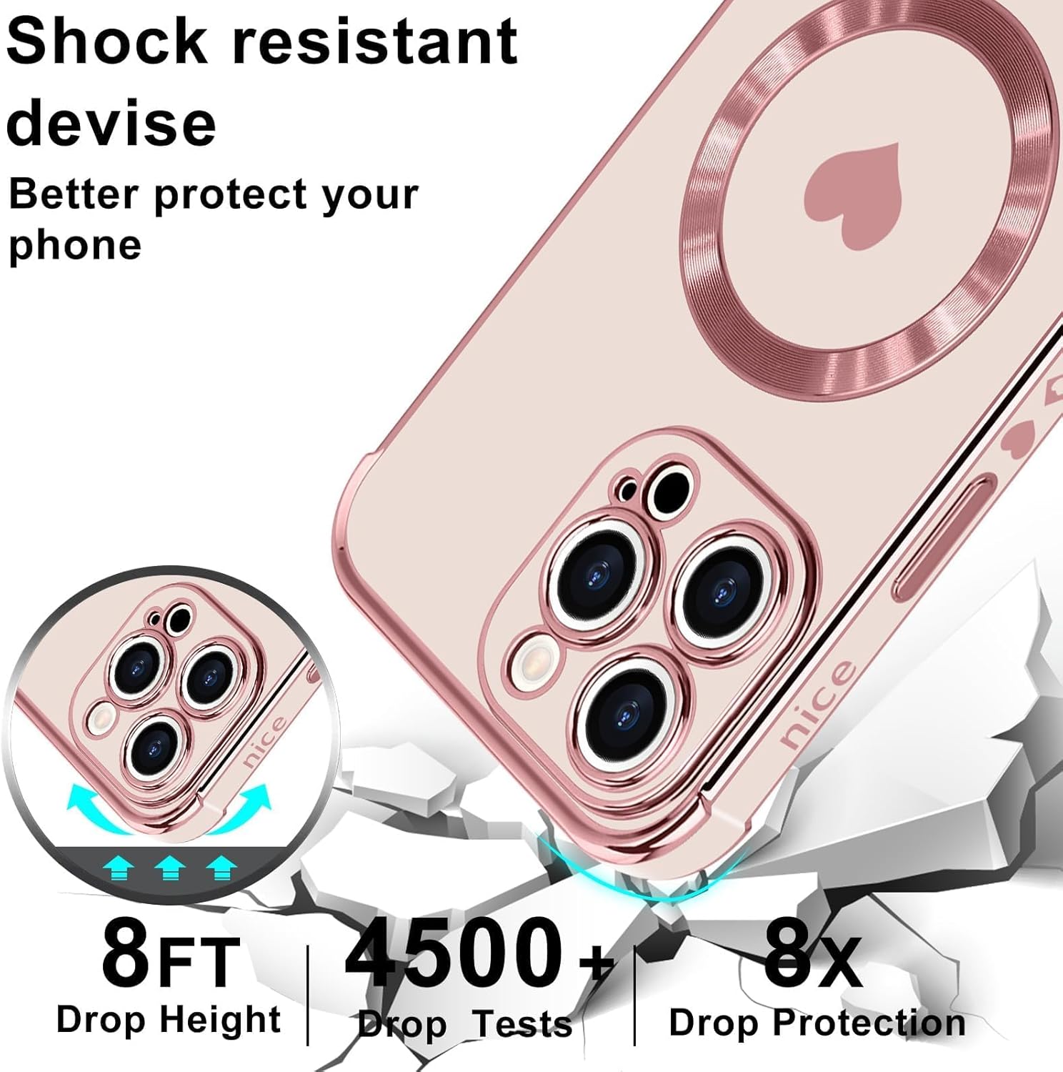 Magnetic Case for iPhone 15 Pro Max Women Girl Luxury Plating Cute Love Heart Slim Cover Full Camera Lens Protection Compatible with MagSafe for iPhone 15 Pro Max Pink - Image 4