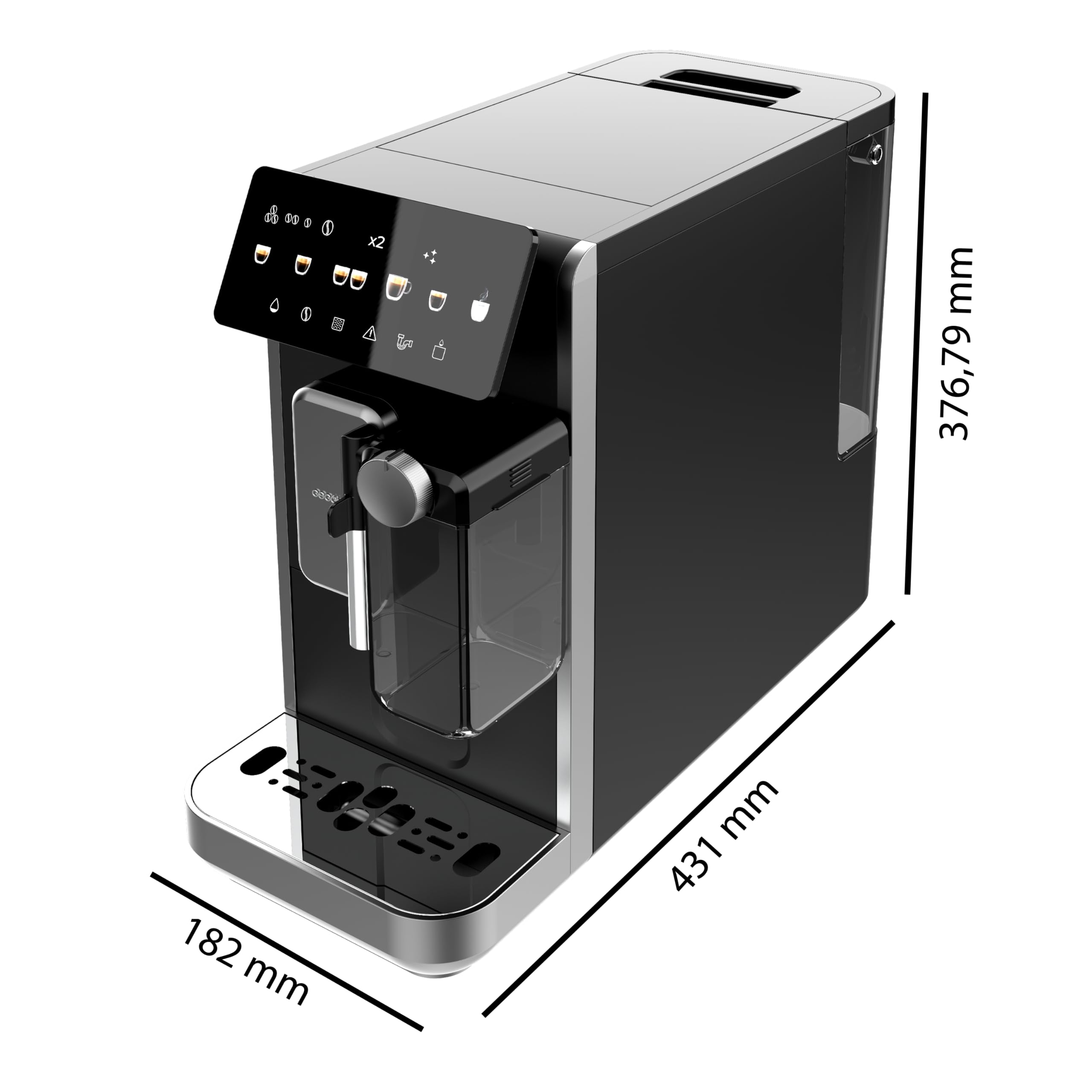 Cecotec Superautomatyczny ekspres do kawy Cremmaet Long Milk. 19 Bar, Thermoblock, 7 napojów, parownik, 5 poziomów mielenia, zbiornik na wodę 2 l, 240 ml mleko i 280 g kawa, odkamienianie